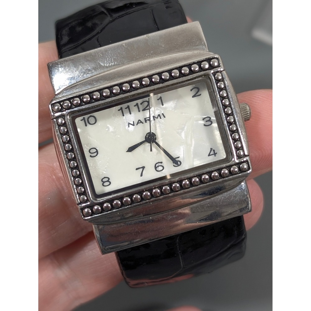 Narmi Black Patent Faux Leather Cuff Watch Square Silver Tone 6"